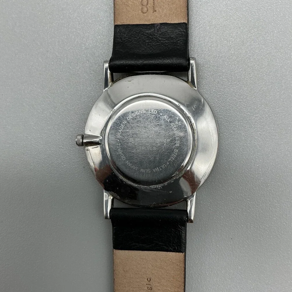 Skagen Womens Watch 33mm Black Dial Black Leather Minimalist Dress New Battery